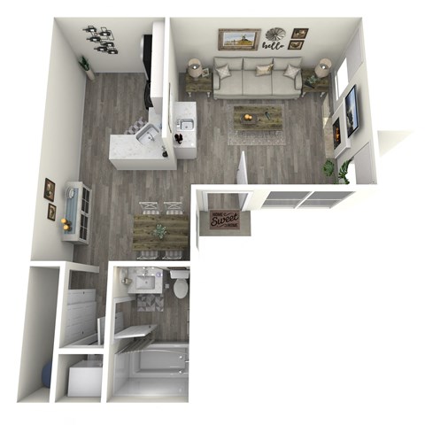 a stylized floor plan with a bedroom and a bathroom